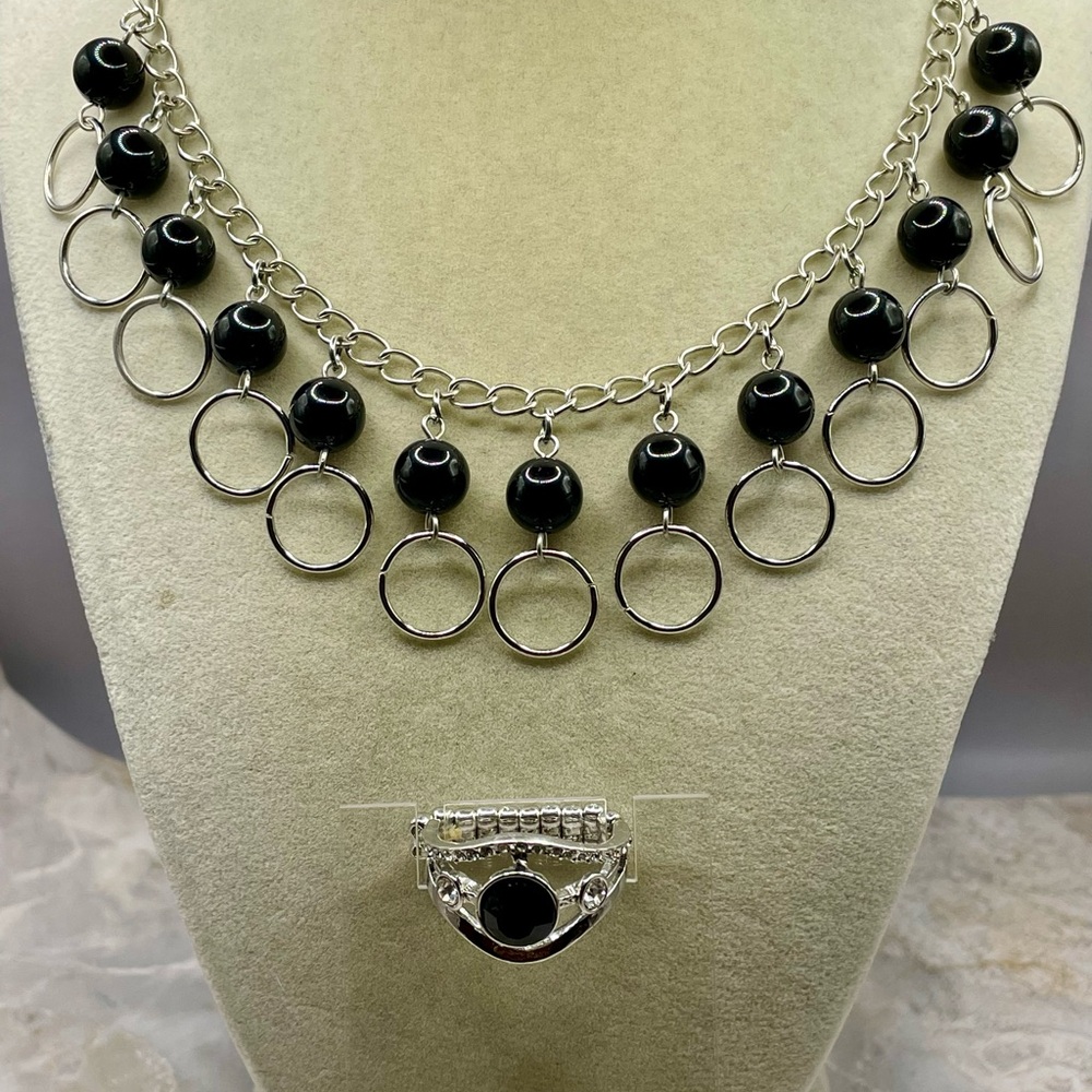 Silver Tone Circle and Black Bead Fringe Necklace and Stretch Crystal Ring Set